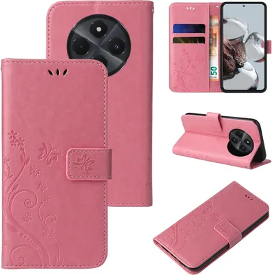 Multiple views of a pink floral and butterfly patterned flip phone case.