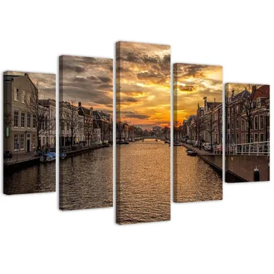 Produktbild von 5-teiliges leinwandbild stadt am fluss 150x100 cm Feeby beige wandbild bereit zum aufhängen