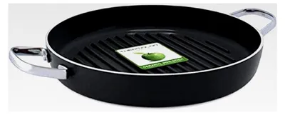 Produktbild von Runde Grillpfanne (28 cm) mit keramischer Antihaftbeschichtung, PFAS-frei, induktionsgeeignet, spülmaschinenfest, Schwarz