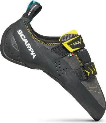 Klett-Kletterschuh "Vapor V" von Scarpa; schwarz mit gelben und blauen Akzenten; seitliche Sicht.