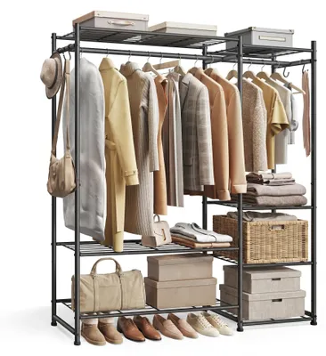 Produktbild von Offener Kleiderschrank - Garderobenständer mit Metallrahmen - 7 Ablagen - 2 Kleiderstangen - Schlafzimmer Kleidersystem - Schwarz