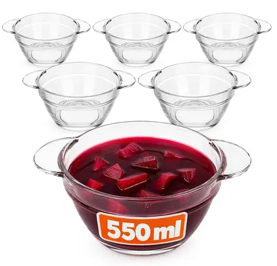 Produktbild von KADAX Suppenschale 550ml, 6er Set, transparente Schüssel für Suppen, Suppentasse aus Glas, Suppenschüssel, Glasschüssel mit Griffen, Suppenteller, spülmaschinengeeignet