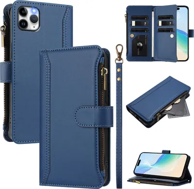 Produktbild von Handyhülle für iPhone 11 Pro Max Reißverschluss Geldbörse Kunstleder Klapphülle mit Kartensteckplatz, Ständer, Handschlaufe Dunkelblau