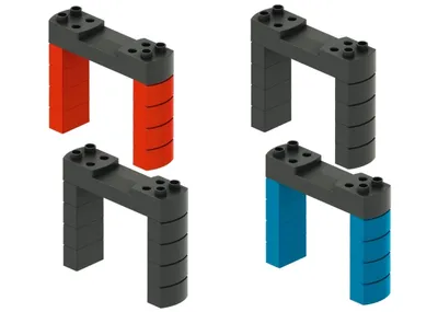 Four different colored building block bridge supports and bridge sections are displayed against a white background.
