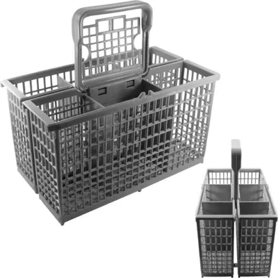 A gray plastic dishwasher cutlery basket is shown against a white background. A smaller, similar basket is also visible in the lower right corner.