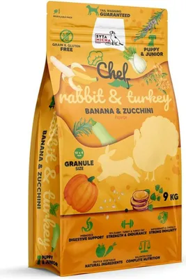 Obrázok produktu pre SYTA MICHA Chef Puppy Králik, morčacie mäso, banán a cuketa - suché krmivo pre psy - 9kg
