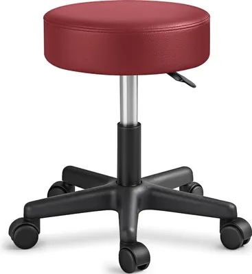 A red rolling stool with a black base and silver pedestal, set against a white background.