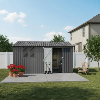 Zdjęcie produktu dla Metalowa szopa na narzędzia o powierzchni 10,34 m² z dachem dwuspadowym, odporna na warunki atmosferyczne, wymiary 362 x 286 cm, drzwi uchylne wraz z kłódką, kolor szary