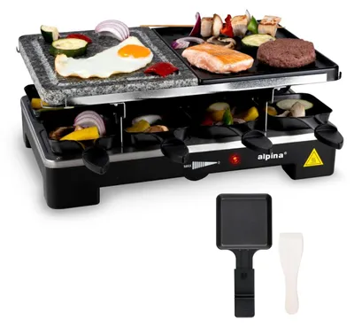 Zdjęcie produktu dla alpina grill elektryczny WJK202A - 1200W, raclette 8 osób - 8 patelni, 8 szpatułek - nieprzywierający