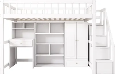 Produktbild von Merax Etagenbett 90x200cm mit Treppe und Schreibtisch, Hochbett mit Schließfächern und Kleiderschrank, Kinderbett mit Rausfallschutz und Regalen, Weiß