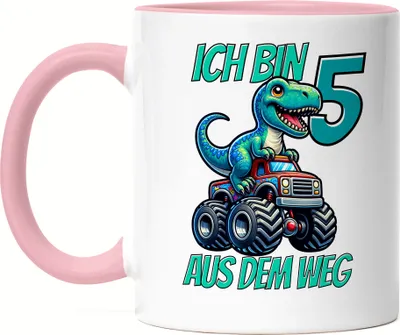 Produktbild von Kinder 5. Geburtstag Tasse Rosa Dino Dinosaurier Auto 5 Jahre Junge Monstertruck