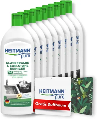Produktbild von HEITMANN pure Glaskeramik- und Edelstahlreiniger | Kraftvolle 3-in-1 Reinigung für Kochfelder & Metalle 9 x 250 ml + GRATIS Duftbaum