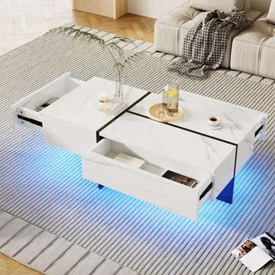 Produktbild von MODFU Hochglanz Couchtisch Beistelltisch mit App-gesteuertem LED Beleuchtung,Rechteckig Kaffeetisch mit 3 Schubladen,Wohnzimmertisch100x50x34.5cm,Weiß
