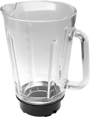 A clear glass blender jug with a black base and handle, shown against a white background.