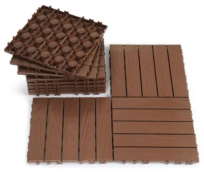 Obrázok produktu pre Peviasot, 11 kusov terasových dlaždíc, 1 m², 30x30 cm, plastové, klikacie dlaždice, dlaždice na balkón, vzhľad dreva, pruhované, odolné voči poveternostným vplyvom, protišmykové, hnedé, 5 pruhov