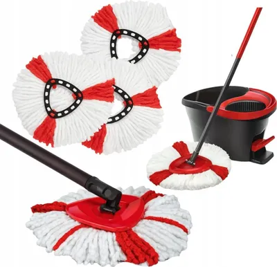 A collection of mop heads and a mop bucket with a mop handle, arranged on a white background.