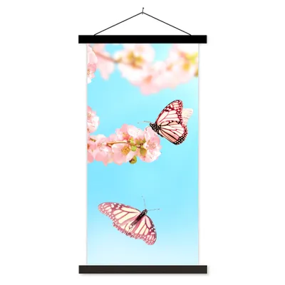 Produktbild von MuchoWow® Textilposter Schmetterlinge - Baum - Blumen 60x120 cm mit schwarzem Rahmen - Magnete