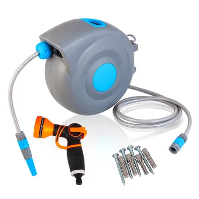Produktbild von GIHAUVIA Schlauchtrommel mit 20 m Wasserschlauch und Multifunktionsbrause Wand Schlauchbox mit Aufroll Automatik Blau