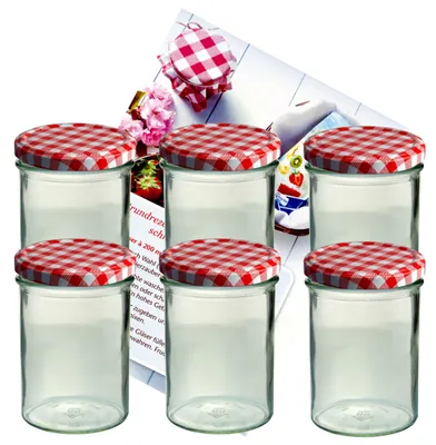 Image de lot de 6 pots à confiture 435 ml bocal To 82 couvercle rouge à carreaux avec sucre diamant Livret de recettes Magie de gélification