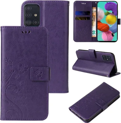 A collage of images showing a purple floral butterfly flip phone case for a Samsung Galaxy A51.