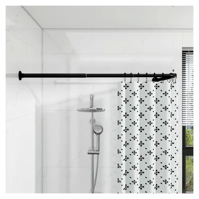 Produktbild von Duschvorhangstange L-Form, [62-122 cm] × [62-122 cm] Verstellbare Duschstange für die Ecke, Duschvorhanghalterung mit 12 Ringen und Deckenstütze für Badewanne/Badezimmer, Bohr-Montage erforderlich (Schwarz)