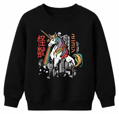 Immagine prodotto di Unicorn Rainbow Kaiju Monster City Destruction ユニコーン 怪獣 Retro Unisex Kids Sweatshirt Pullover, Nero, 128