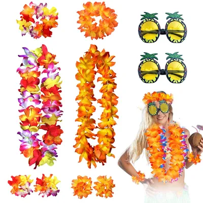 Hawaii-Fancy-Dress-Set, 10-teilig, Ananasbrille, Blumenkette