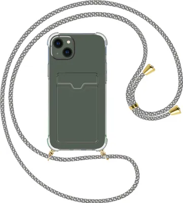 Produktbild von Handykette Backcover-Schutzhülle mit Band (Metall goldfarben) für Apple iPhone 15 Plus - weiß/grau kariert