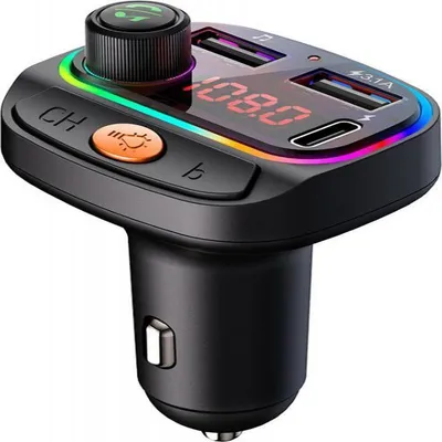 Obrázek produktu pro FM vysílač Bluetooth - Automatická nabíječka - Bezdrátová sada do auta - RGB světlo - 2x port USB pro rychlé nabíjení - Port USB-C - Hands-free zvonek - Pro všechny telefony - Automatický FM vysílač - Bluetooth 5.0