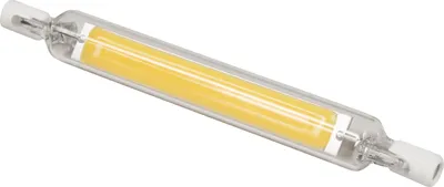 A single LED light bulb with a clear glass tube and a yellow LED strip inside, presented on a white background.