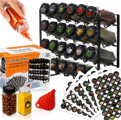Zdjęcie produktu dla SuperButelki - Przyprawnik, metalowy stojak FALA 4 poziomowy + 24x słoiczki na przyprawy + 200x naklejki + lejek GRATIS, organizer kuchenny, zestaw