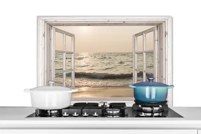 Produktbild von KitchenYeah® Spritzschutz Küche - Küchenrückwand - Wandschutz für Herd und Spüle - Aussicht - Meer - Strand 90x60 - Alu-Dibond (Alternative zum Spritzschutz aus Glas) - Hitzebeständig - Herdspritzsch