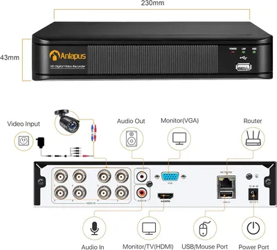 Obrázek produktu pro 8-kanálový 1080P HD DVR, síťový video rekordér s 1TB pevným diskem, podporuje systémy CCTV TVI/CVI/AHD/960H 720P 1080P