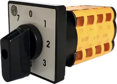 A rotary switch with numbered positions and electrical terminals.