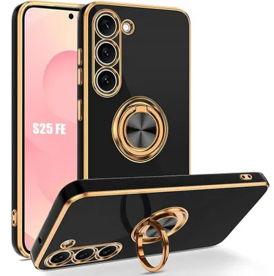 Image de Coque pour Samsung Galaxy S25 FE, Protection Silicone Antichoc avec Anneau Rotatif - Noir