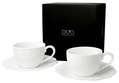 Zdjęcie produktu dla DUO | Filiżanka do kawy – filiżanka – 210 ml – zestaw 2 sztuk – porcelanowa filiżanka ze spodkiem – biała – filiżanki do herbaty – z porcelany – w pudełku prezentowym