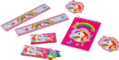 Produktbild von "Regenbogen Einhorn" Partydekoration - Schreibset für Kindergeburtstag 20-teilig