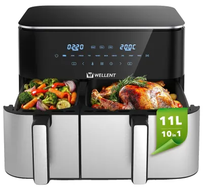 Productafbeelding van Heetluchtfriteuse, dubbele pan (4L + 7L), 2600W vermogen, 220-240V spanning, bedrijfstemperatuur 80°C - 200°C, touchscreenbediening