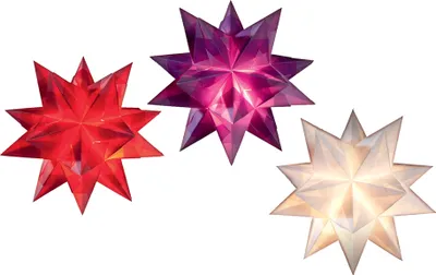 Three star-shaped decorative lights in red, purple, and white.
