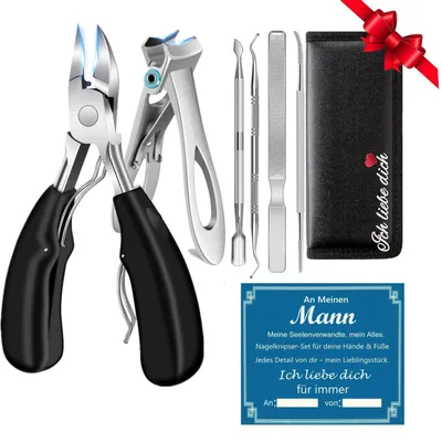 Image de Kit de manucure et pédicure 6 en 1 en acier inoxydable, pour hommes, idéal pour les ongles épais et incarnés, avec étui en cuir