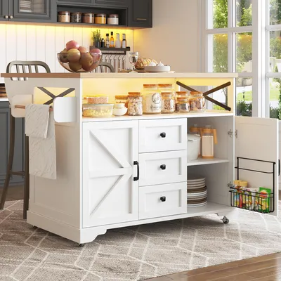 Produktbild von Flieks Servierwagen mit Klapptisch & App LED Beleuchtung, Snack Ablagen, Esstisch mit Speicherraum, Küchenschrank 120x43(71.5)x98cm, Weiß