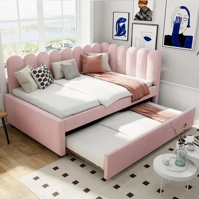 Obrázek produktu pro Čalouněná postel Sweiko ve tvaru L, rozkládací pohovka 140x200 cm s květinovým opěradlem a rozkládacím lůžkem z růžové sametové látky