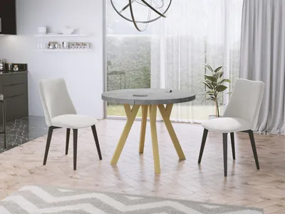 Produktbild von Designer Runder Ausziehbarer Esstisch - Loft-Stil, Industriell, Platzsparend - Goldene Beine - 100 bis 200 cm - für 6-8 Personen - Hergestellt in EU - Beton Grau - 200 cm