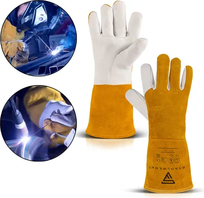 Produktbild von STAHLWERK Schweißerhandschuhe, Echtleder, hitzebeständig, 340 mm, 5-Finger, Unterarmschutz, gelb/weiß, WIG / TIG / MIG / MAG / MMA / Plasma
