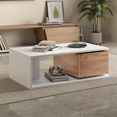 Produktbild von Couchtisch mit 360° Frei Drehbar Schublade Kaffeetish Wohnzimmertisch Beistelltisch 90*50*30cm Weiß + Holzfarbe