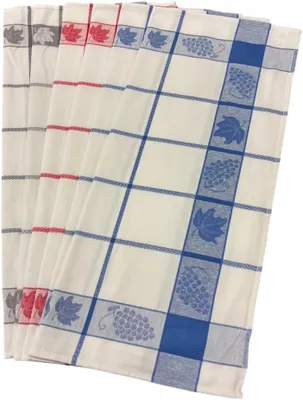 Produktbild von 6er-Set karierter Geschirrtücher mit Weinblattmotiv in Blau, Rot und Grau, 50 x 70 cm, aus 100 % Baumwolle als Jacquardgewebe