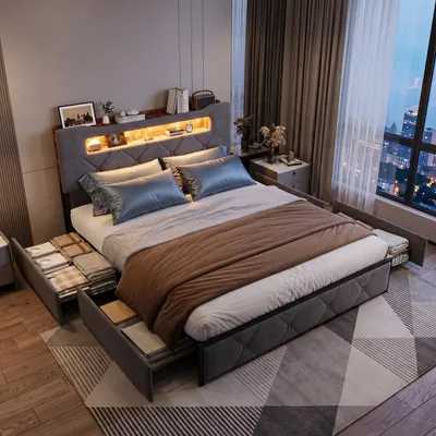 Produktbild von ProximaX Grau Schubladenbett 140×200 cm – Mit weichem Stoffbezug, LED-Beleuchtung, USB-Anschluss und 4 Schubladen unter dem Bett