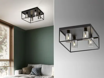 Produktbild von Deckenleuchte 4flammig eckig Schwarz Lampenschirme Rauchglas - Industrial Style