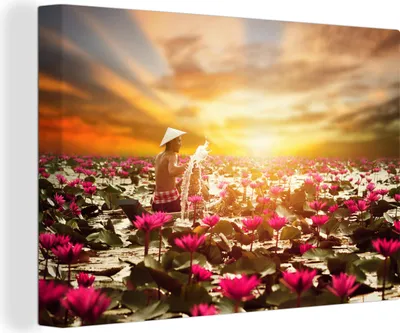 Produktbild von OneMillionCanvasses® - Leinwandbilder - 140x90 cm, Eingeborener thailändischer Fischer in einem Lotosfeld, Wandbilder Kunstdruck Wanddekoration