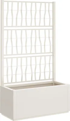A white planter box with a trellis attached.